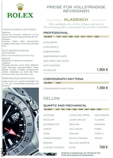 Service Preisliste Rolex Uhren 